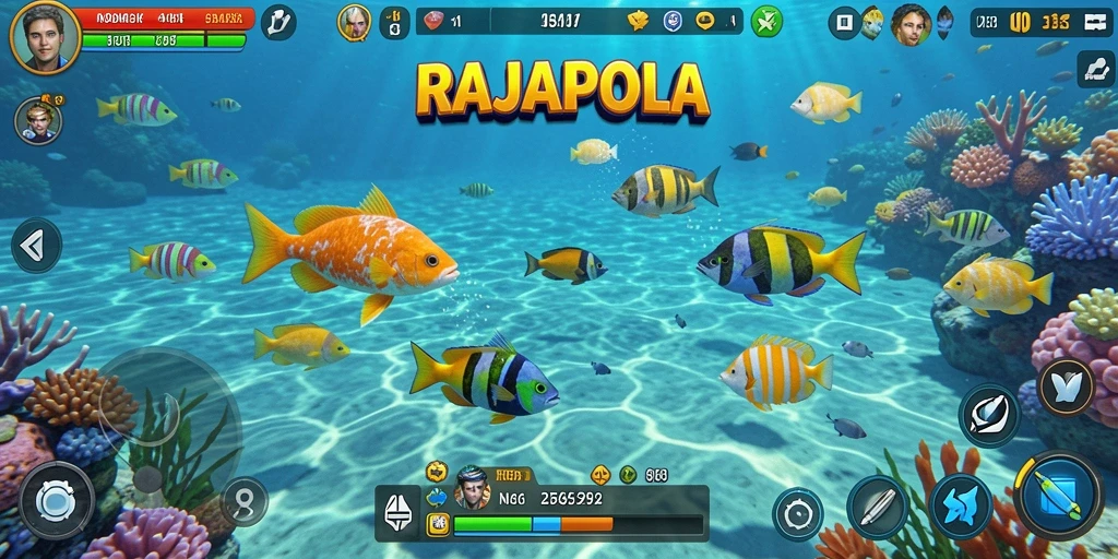 Tangkapan layar utama RAJAPOLA menampilkan aksi seru menembak ikan.