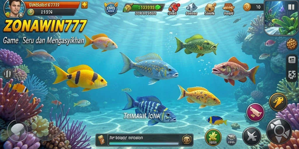Screenshot gameplay ZONAWIN777 dengan aksi menembak ikan yang menantang.